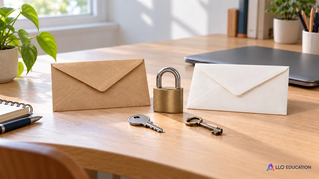 Enveloppes fermées, cadenas et deux clés sur une table claire.